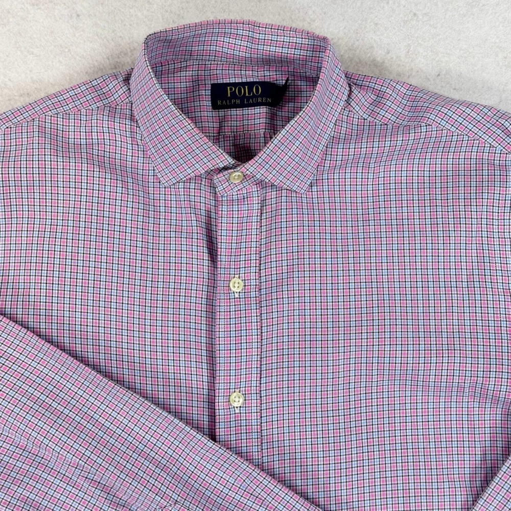 Polo Ralph Lauren Mens Large Pink Blue Micro Check Button Down Shirt Long Sleeve